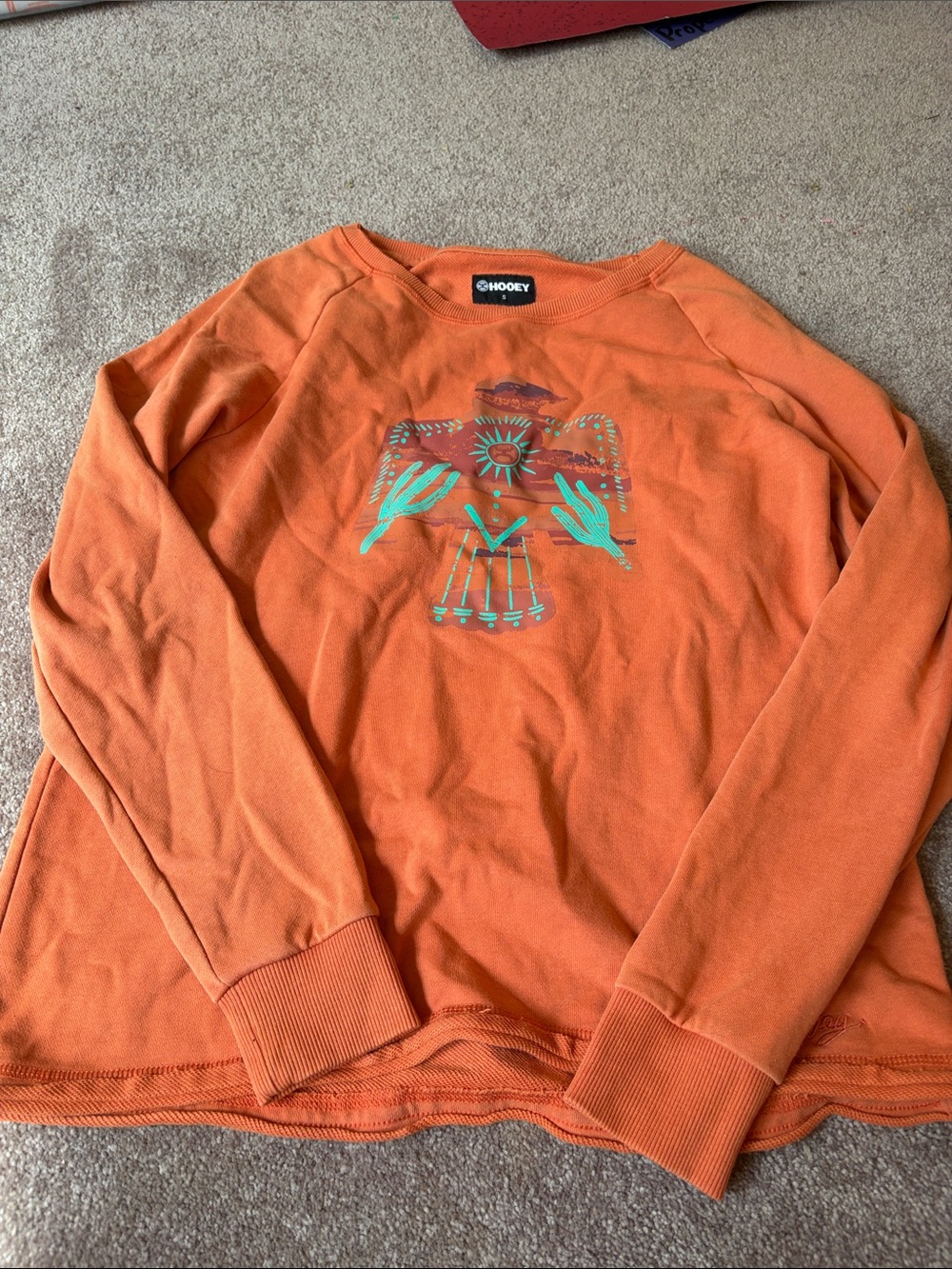 Hooey Orange Crewneck with Teal Southwestern Graphic